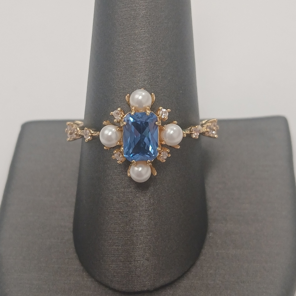 NEW! 18k Gold Filled Pearl and Blue Gem Snowflake Ring By Goldoro Size 10